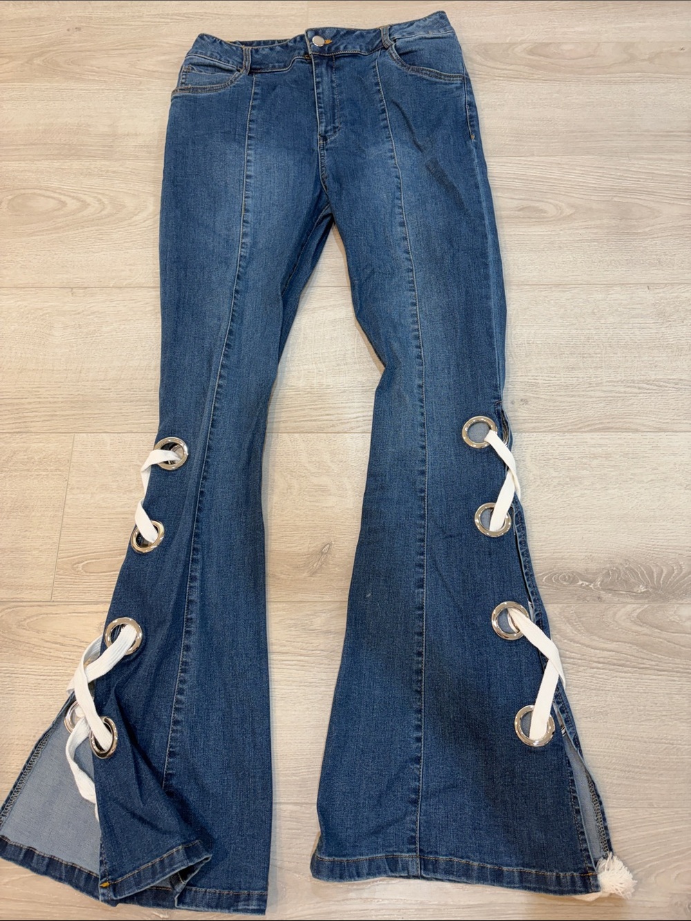 Fashion Nova Dark Blue Flare Jeans with White Lace-Up Grommets